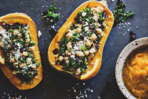 Plant based diet; Stuffed Butternut Squash with kale, cranberries, quinoa, and chickpeas