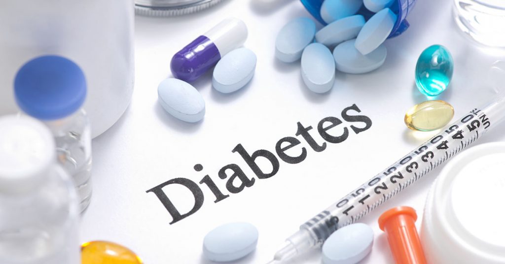 Diabetes concept with insulin, syringe, vials, pills, and stethoscope; blog: New Treatments for Kidney Disease in People with Adult Onset Diabetes