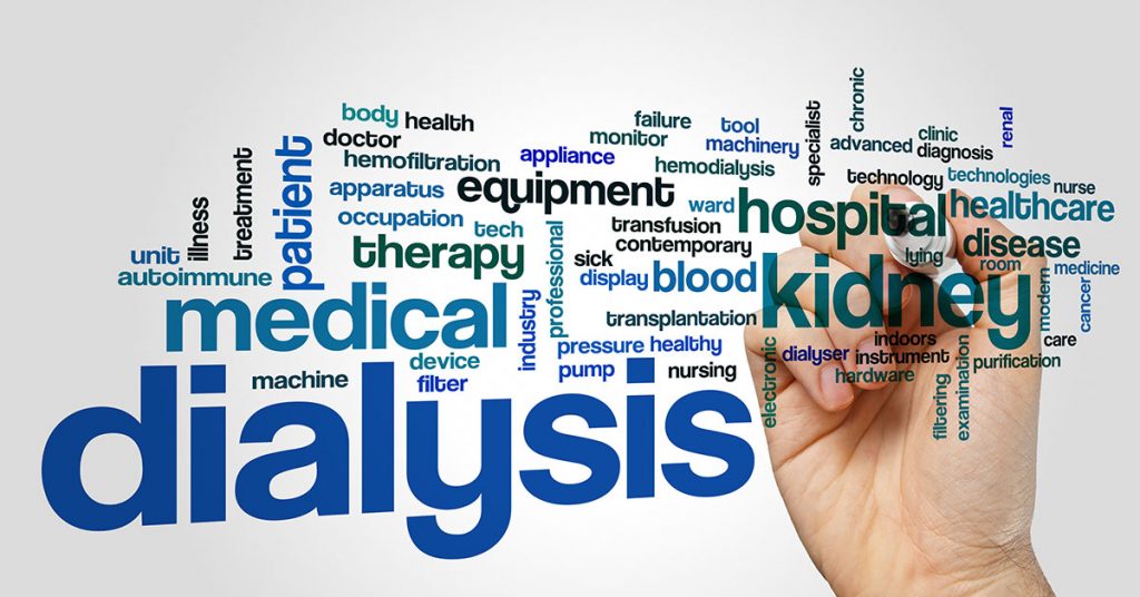 Dialysis word cloud concept; blog: Hepatitis - Printed Diagnosis with Blurred Text. On Background of Medicaments Composition - Red Pills, Injections and Syringe.